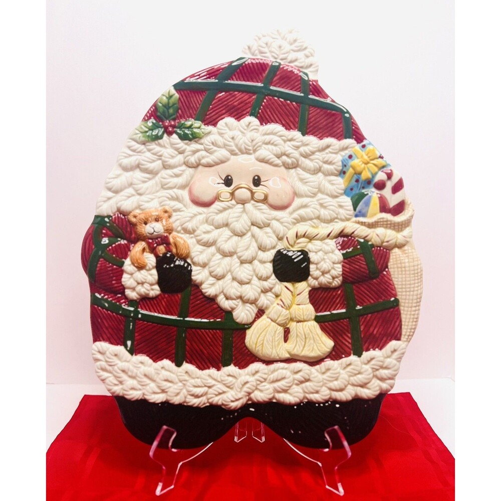 Vintage Jay Import Santa Christmas Cookie Platter 16" Ceramic Plaid Serving Tray